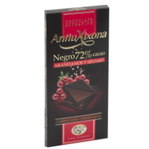 Chocolate Negro 72% Cacao, arándanos y sésamo. Sin gluten - 100 grs - Antiu Xixona